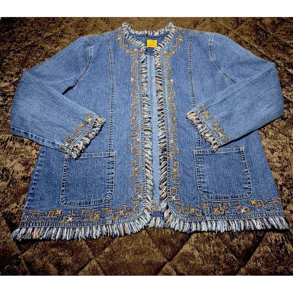 Vintage Ruby Rd Embroidered Fringe Denim Open Front Jacket Size 1x
